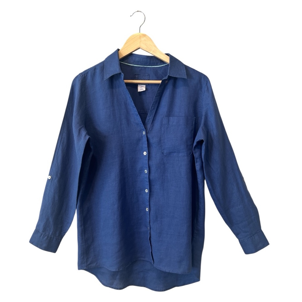 Ingrid Olsen 100% Linen Blue Button Front Shirt Roll Tab Sleeve medium